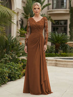 Chiffon Sheath/Column V-Neck Floor-Length Mother of the Bride & Groom Dresses with Lace Embroidery Bodice & Ruched Waist (SHI22501510)