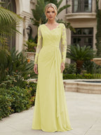 Chiffon Sheath/Column V-Neck Floor-Length Mother of the Bride & Groom Dresses with Lace Embroidery Bodice & Ruched Waist (SHI22501510)