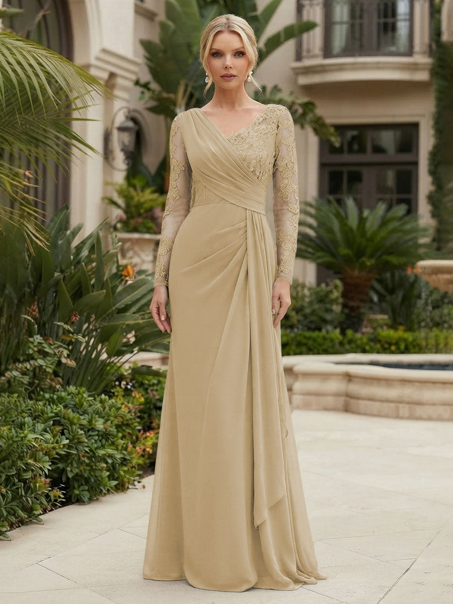 Chiffon Sheath/Column V-Neck Floor-Length Mother of the Bride & Groom Dresses with Lace Embroidery Bodice & Ruched Waist (SHI22501510)