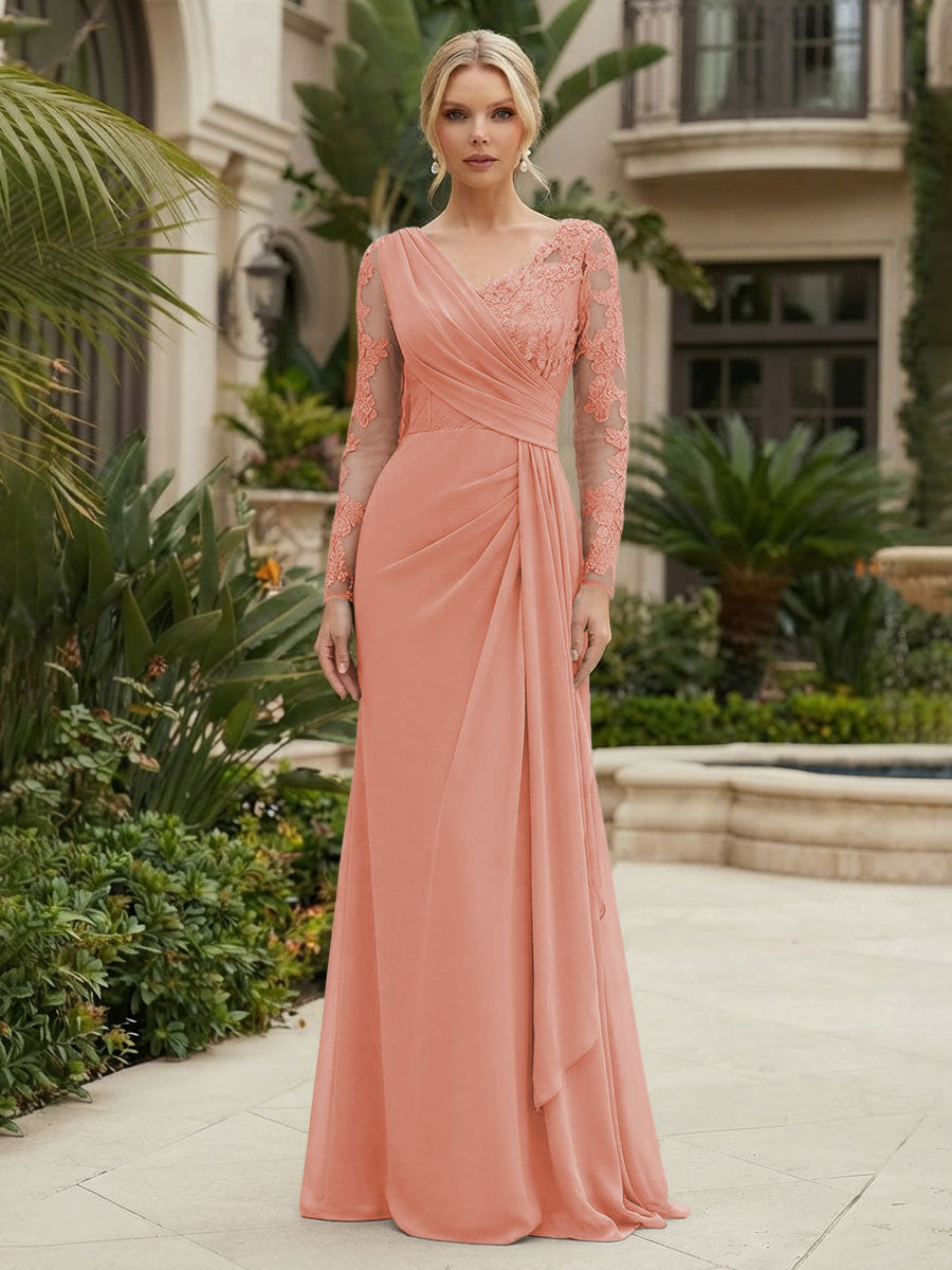 Chiffon Sheath/Column V-Neck Floor-Length Mother of the Bride & Groom Dresses with Lace Embroidery Bodice & Ruched Waist (SHI22501510)