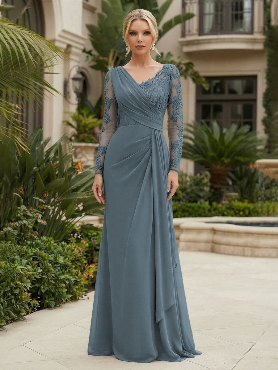 Chiffon Sheath/Column V-Neck Floor-Length Mother of the Bride & Groom Dresses with Lace Embroidery Bodice & Ruched Waist (SHI22501510)
