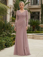 Chiffon Sheath/Column V-Neck Floor-Length Mother of the Bride & Groom Dresses with Lace Embroidery Bodice & Ruched Waist (SHI22501510)