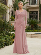 Chiffon Sheath/Column V-Neck Floor-Length Mother of the Bride & Groom Dresses with Lace Embroidery Bodice & Ruched Waist (SHI22501510)