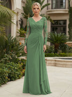 Chiffon Sheath/Column V-Neck Floor-Length Mother of the Bride & Groom Dresses with Lace Embroidery Bodice & Ruched Waist (SHI22501510)