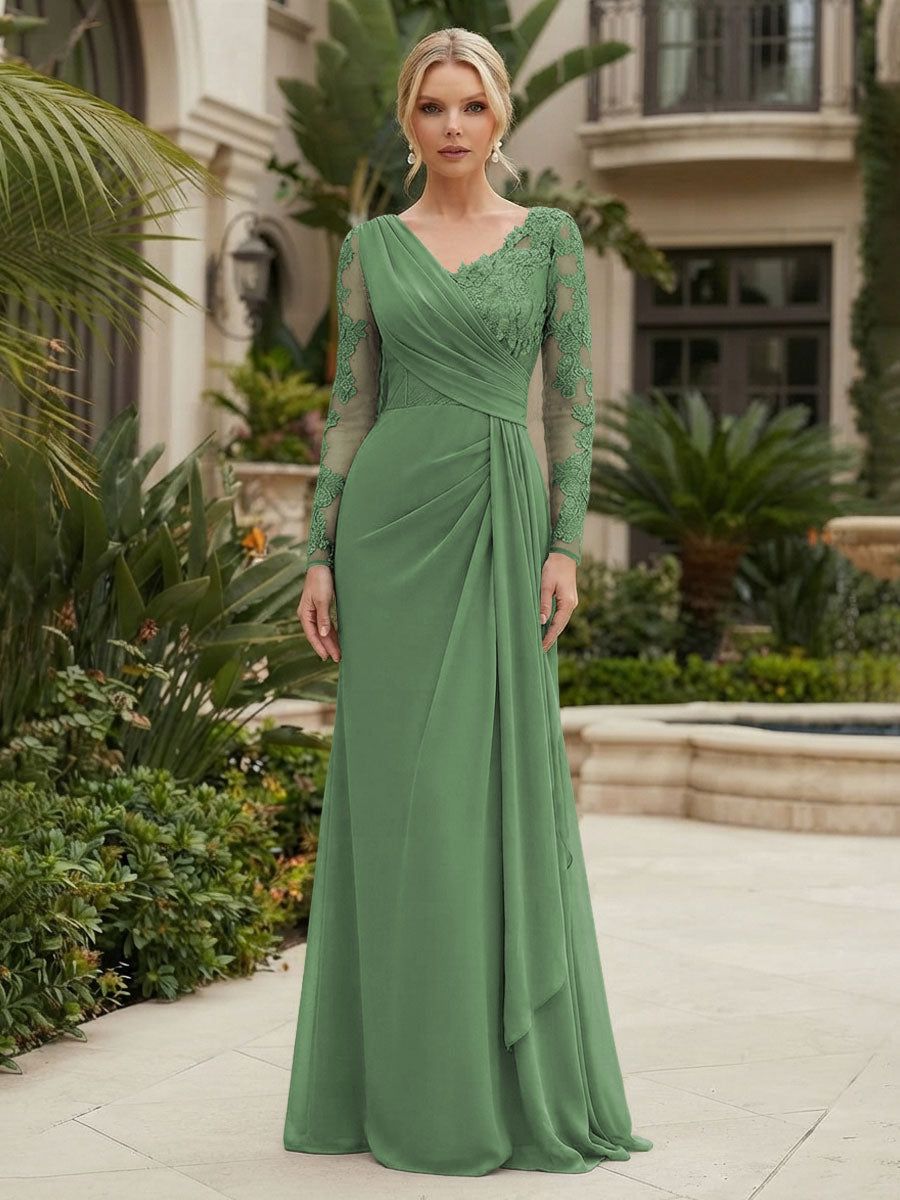 Chiffon Sheath/Column V-Neck Floor-Length Mother of the Bride & Groom Dresses with Lace Embroidery Bodice & Ruched Waist (SHI22501510)