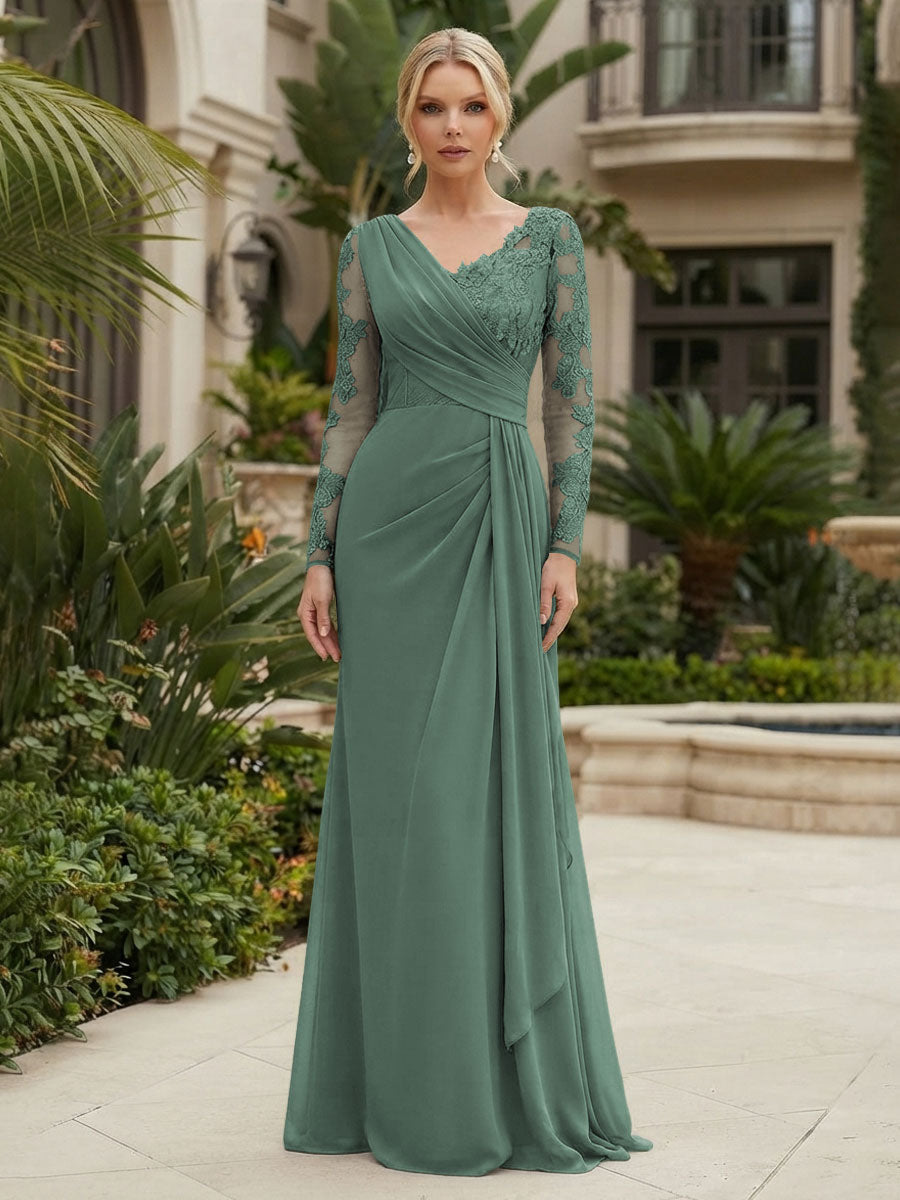 Chiffon Sheath/Column V-Neck Floor-Length Mother of the Bride & Groom Dresses with Lace Embroidery Bodice & Ruched Waist (SHI22501510)