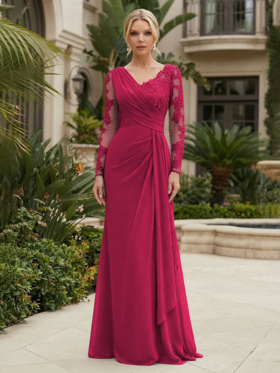 Chiffon Sheath/Column V-Neck Floor-Length Mother of the Bride & Groom Dresses with Lace Embroidery Bodice & Ruched Waist (SHI22501510)