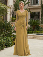 Chiffon Sheath/Column V-Neck Floor-Length Mother of the Bride & Groom Dresses with Lace Embroidery Bodice & Ruched Waist (SHI22501510)