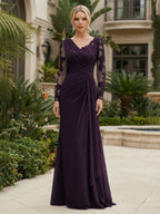 Chiffon Sheath/Column V-Neck Floor-Length Mother of the Bride & Groom Dresses with Lace Embroidery Bodice & Ruched Waist (SHI22501510)