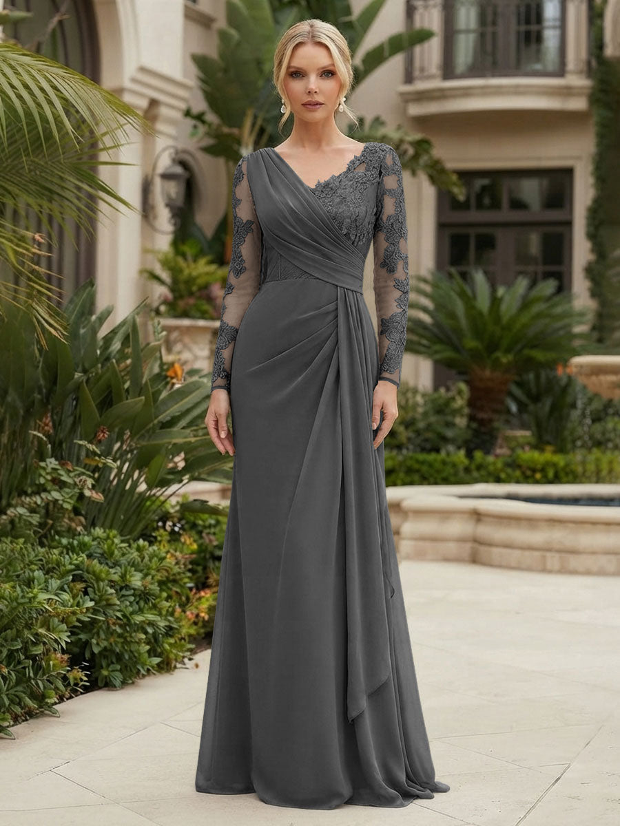 Chiffon Sheath/Column V-Neck Floor-Length Mother of the Bride & Groom Dresses with Lace Embroidery Bodice & Ruched Waist (SHI22501510)