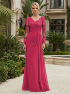 Chiffon Sheath/Column V-Neck Floor-Length Mother of the Bride & Groom Dresses with Lace Embroidery Bodice & Ruched Waist (SHI22501510)
