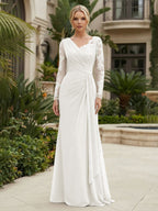 Chiffon Sheath/Column V-Neck Floor-Length Mother of the Bride & Groom Dresses with Lace Embroidery Bodice & Ruched Waist (SHI22501510)