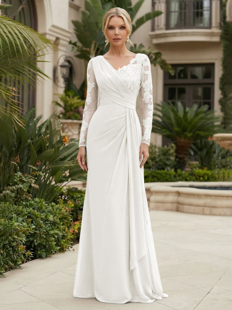 Chiffon Sheath/Column V-Neck Floor-Length Mother of the Bride & Groom Dresses with Lace Embroidery Bodice & Ruched Waist (SHI22501510)