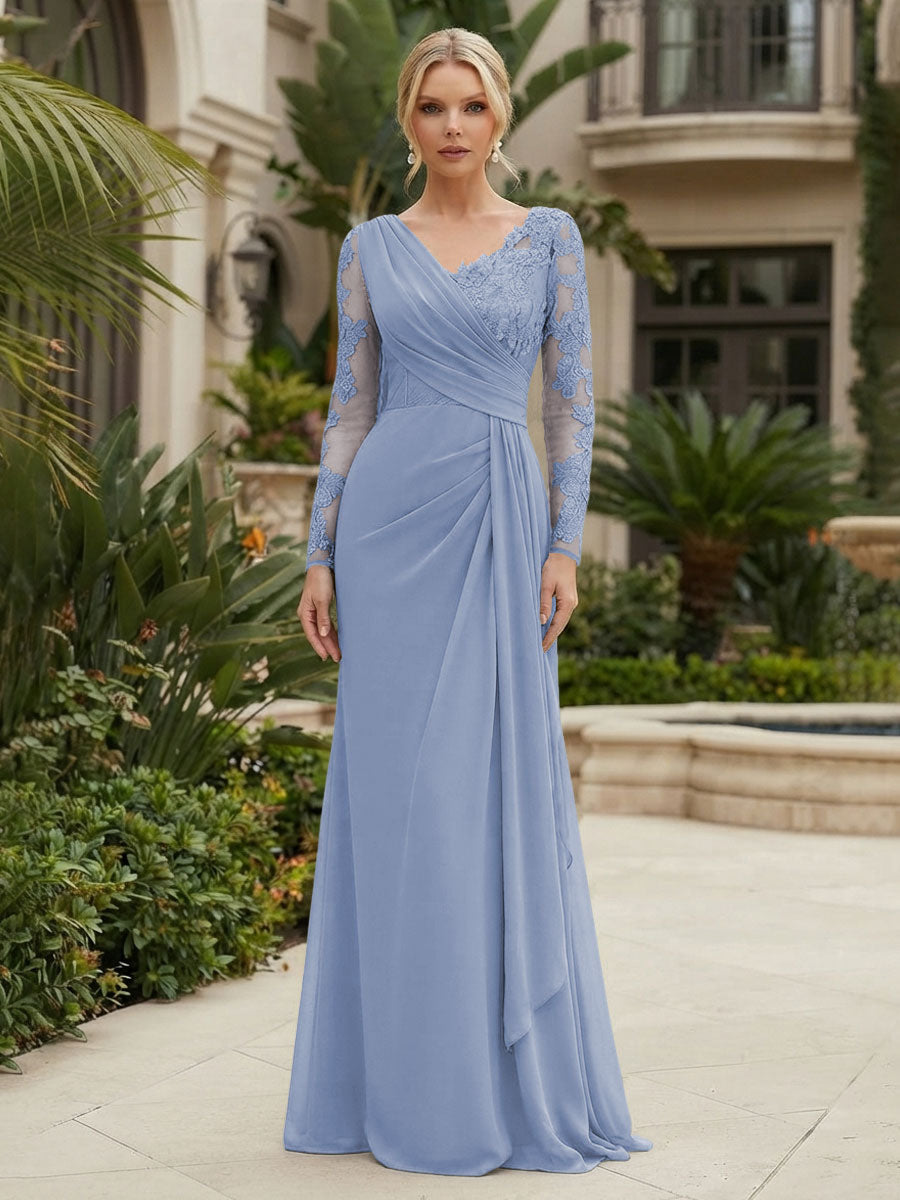 Chiffon Sheath/Column V-Neck Floor-Length Mother of the Bride & Groom Dresses with Lace Embroidery Bodice & Ruched Waist (SHI22501510)