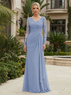 Chiffon Sheath/Column V-Neck Floor-Length Mother of the Bride & Groom Dresses with Lace Embroidery Bodice & Ruched Waist (SHI22501510)