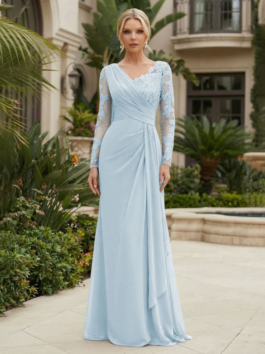 Chiffon Sheath/Column V-Neck Floor-Length Mother of the Bride & Groom Dresses with Lace Embroidery Bodice & Ruched Waist (SHI22501510)