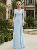 Chiffon Sheath/Column V-Neck Floor-Length Mother of the Bride & Groom Dresses with Lace Embroidery Bodice & Ruched Waist (SHI22501510)