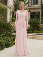 Chiffon Sheath/Column V-Neck Floor-Length Mother of the Bride & Groom Dresses with Lace Embroidery Bodice & Ruched Waist (SHI22501510)