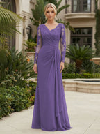 Chiffon Sheath/Column V-Neck Floor-Length Mother of the Bride & Groom Dresses with Lace Embroidery Bodice & Ruched Waist (SHI22501510)