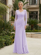 Chiffon Sheath/Column V-Neck Floor-Length Mother of the Bride & Groom Dresses with Lace Embroidery Bodice & Ruched Waist (SHI22501510)