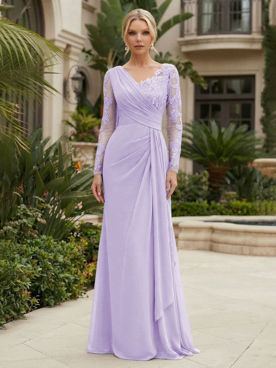 Chiffon Sheath/Column V-Neck Floor-Length Mother of the Bride & Groom Dresses with Lace Embroidery Bodice & Ruched Waist (SHI22501510)