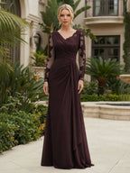 Chiffon Sheath/Column V-Neck Floor-Length Mother of the Bride & Groom Dresses with Lace Embroidery Bodice & Ruched Waist (SHI22501510)