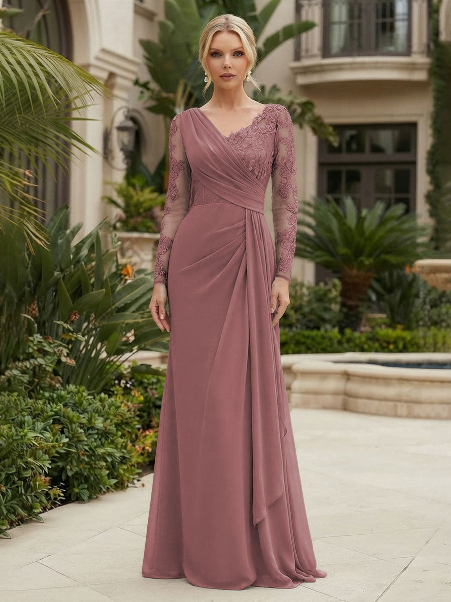 Chiffon Sheath/Column V-Neck Floor-Length Mother of the Bride & Groom Dresses with Lace Embroidery Bodice & Ruched Waist (SHI22501510)