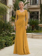 Chiffon Sheath/Column V-Neck Floor-Length Mother of the Bride & Groom Dresses with Lace Embroidery Bodice & Ruched Waist (SHI22501510)