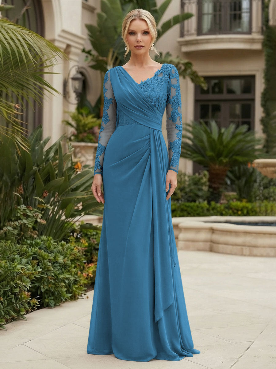 Chiffon Sheath/Column V-Neck Floor-Length Mother of the Bride & Groom Dresses with Lace Embroidery Bodice & Ruched Waist (SHI22501510)