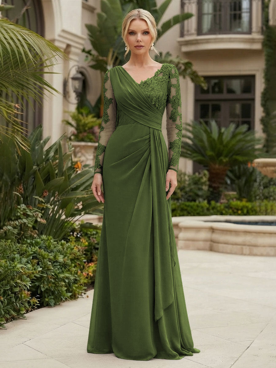 Chiffon Sheath/Column V-Neck Floor-Length Mother of the Bride & Groom Dresses with Lace Embroidery Bodice & Ruched Waist (SHI22501510)
