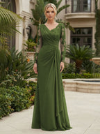 Chiffon Sheath/Column V-Neck Floor-Length Mother of the Bride & Groom Dresses with Lace Embroidery Bodice & Ruched Waist (SHI22501510)