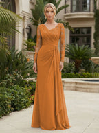 Chiffon Sheath/Column V-Neck Floor-Length Mother of the Bride & Groom Dresses with Lace Embroidery Bodice & Ruched Waist (SHI22501510)