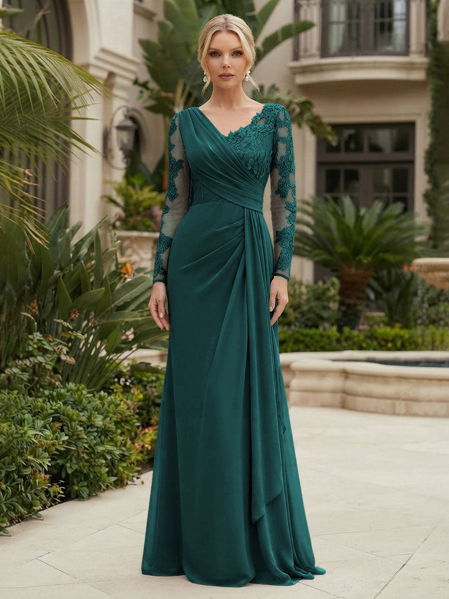 Chiffon Sheath/Column V-Neck Floor-Length Mother of the Bride & Groom Dresses with Lace Embroidery Bodice & Ruched Waist (SHI22501510)