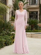 Chiffon Sheath/Column V-Neck Floor-Length Mother of the Bride & Groom Dresses with Lace Embroidery Bodice & Ruched Waist (SHI22501510)