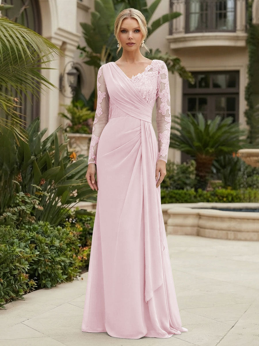 Chiffon Sheath/Column V-Neck Floor-Length Mother of the Bride & Groom Dresses with Lace Embroidery Bodice & Ruched Waist (SHI22501510)