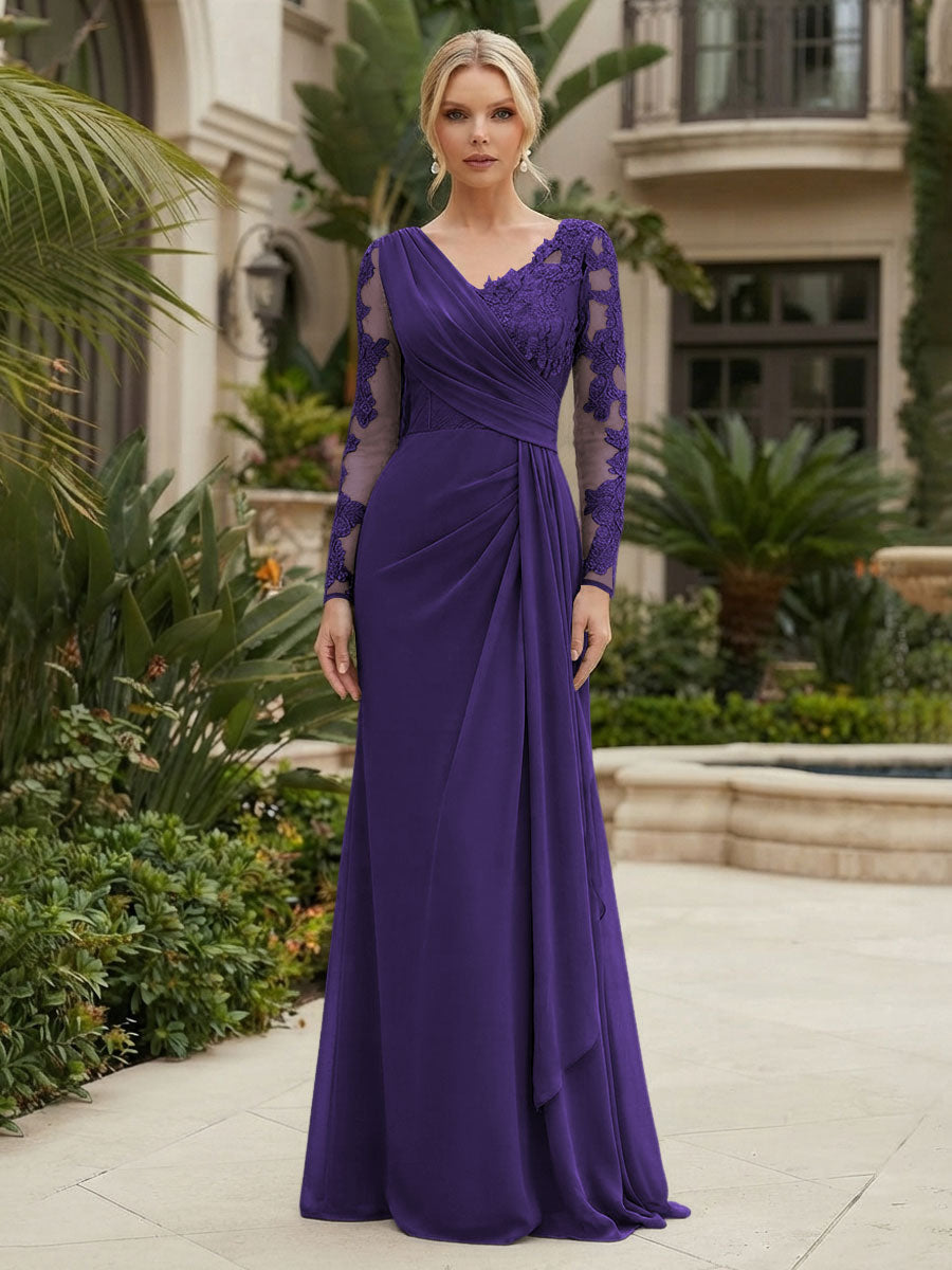 Chiffon Sheath/Column V-Neck Floor-Length Mother of the Bride & Groom Dresses with Lace Embroidery Bodice & Ruched Waist (SHI22501510)