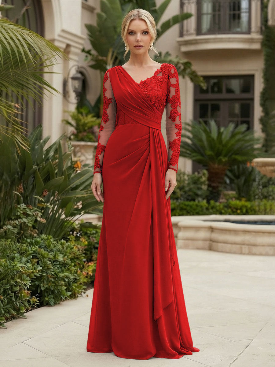 Chiffon Sheath/Column V-Neck Floor-Length Mother of the Bride & Groom Dresses with Lace Embroidery Bodice & Ruched Waist (SHI22501510)
