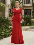 Chiffon Sheath/Column V-Neck Floor-Length Mother of the Bride & Groom Dresses with Lace Embroidery Bodice & Ruched Waist (SHI22501510)