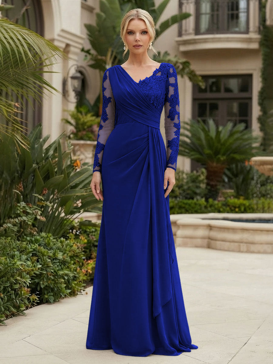 Chiffon Sheath/Column V-Neck Floor-Length Mother of the Bride & Groom Dresses with Lace Embroidery Bodice & Ruched Waist (SHI22501510)