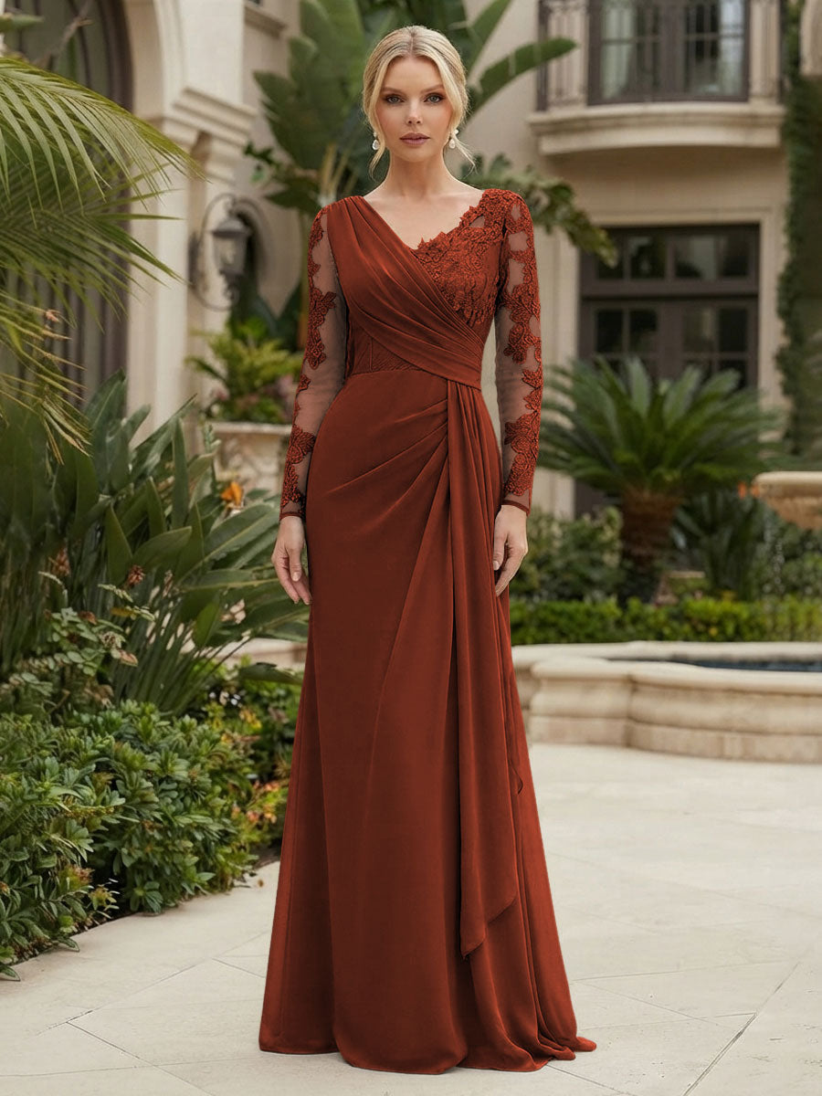 Chiffon Sheath/Column V-Neck Floor-Length Mother of the Bride & Groom Dresses with Lace Embroidery Bodice & Ruched Waist (SHI22501510)