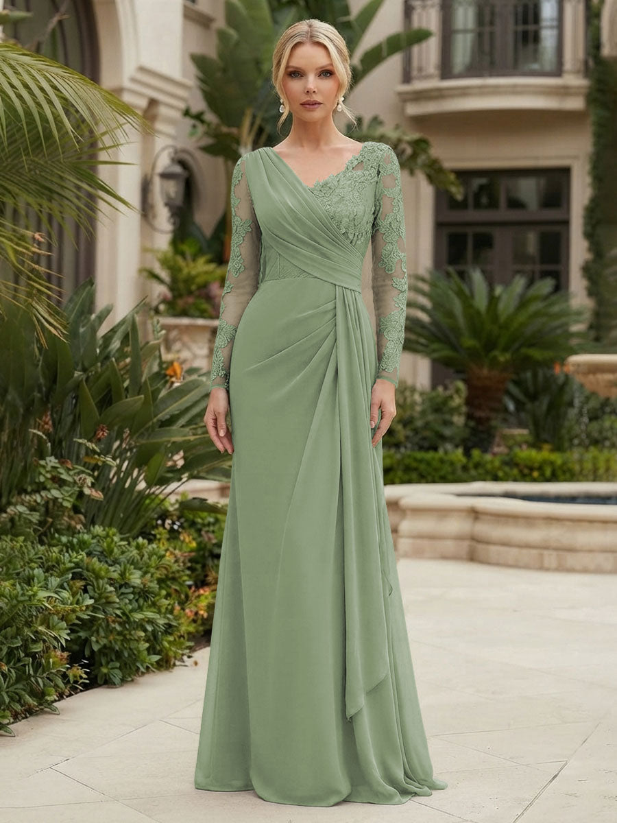 Chiffon Sheath/Column V-Neck Floor-Length Mother of the Bride & Groom Dresses with Lace Embroidery Bodice & Ruched Waist (SHI22501510)