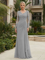Chiffon Sheath/Column V-Neck Floor-Length Mother of the Bride & Groom Dresses with Lace Embroidery Bodice & Ruched Waist (SHI22501510)