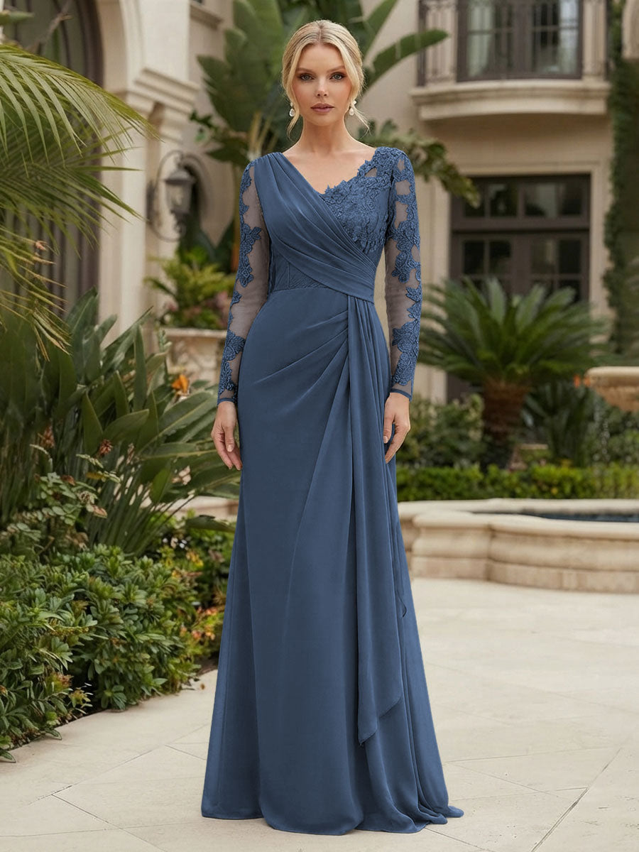Chiffon Sheath/Column V-Neck Floor-Length Mother of the Bride & Groom Dresses with Lace Embroidery Bodice & Ruched Waist (SHI22501510)
