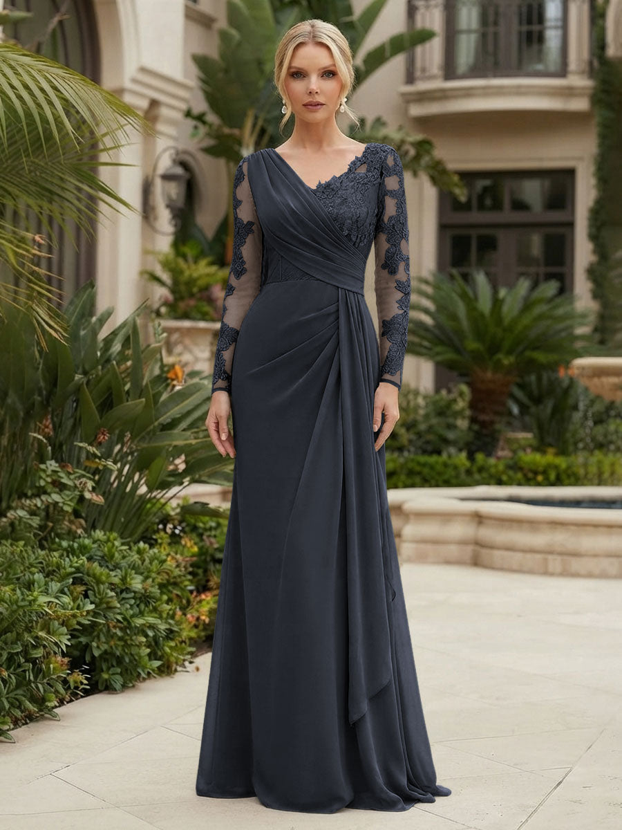Chiffon Sheath/Column V-Neck Floor-Length Mother of the Bride & Groom Dresses with Lace Embroidery Bodice & Ruched Waist (SHI22501510)