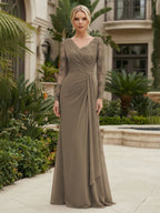 Chiffon Sheath/Column V-Neck Floor-Length Mother of the Bride & Groom Dresses with Lace Embroidery Bodice & Ruched Waist (SHI22501510)