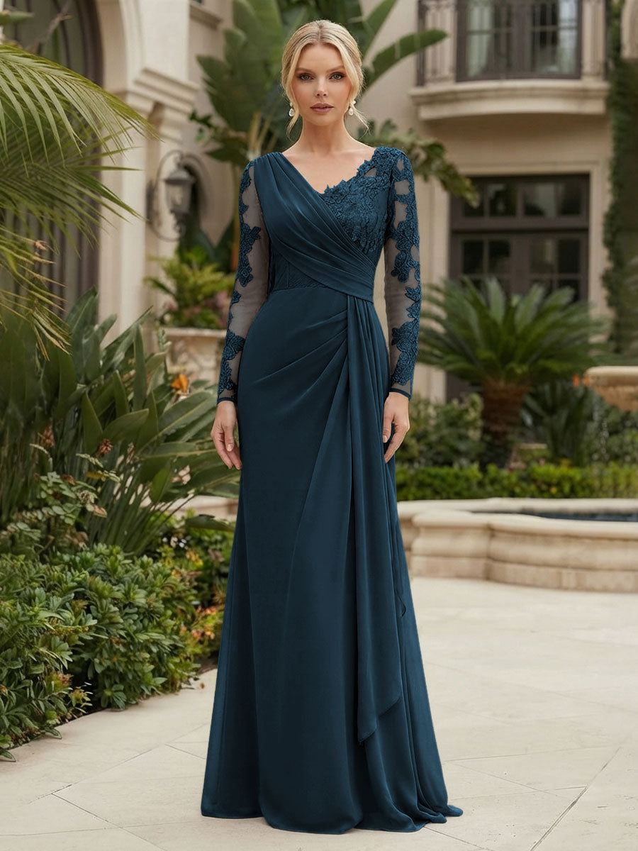 Chiffon Sheath/Column V-Neck Floor-Length Mother of the Bride & Groom Dresses with Lace Embroidery Bodice & Ruched Waist (SHI22501510)