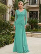 Chiffon Sheath/Column V-Neck Floor-Length Mother of the Bride & Groom Dresses with Lace Embroidery Bodice & Ruched Waist (SHI22501510)