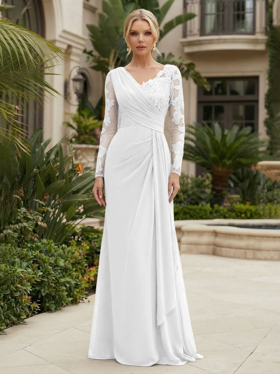 Chiffon Sheath/Column V-Neck Floor-Length Mother of the Bride & Groom Dresses with Lace Embroidery Bodice & Ruched Waist (SHI22501510)