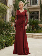 Chiffon Sheath/Column V-Neck Floor-Length Mother of the Bride & Groom Dresses with Lace Embroidery Bodice & Ruched Waist (SHI22501510)
