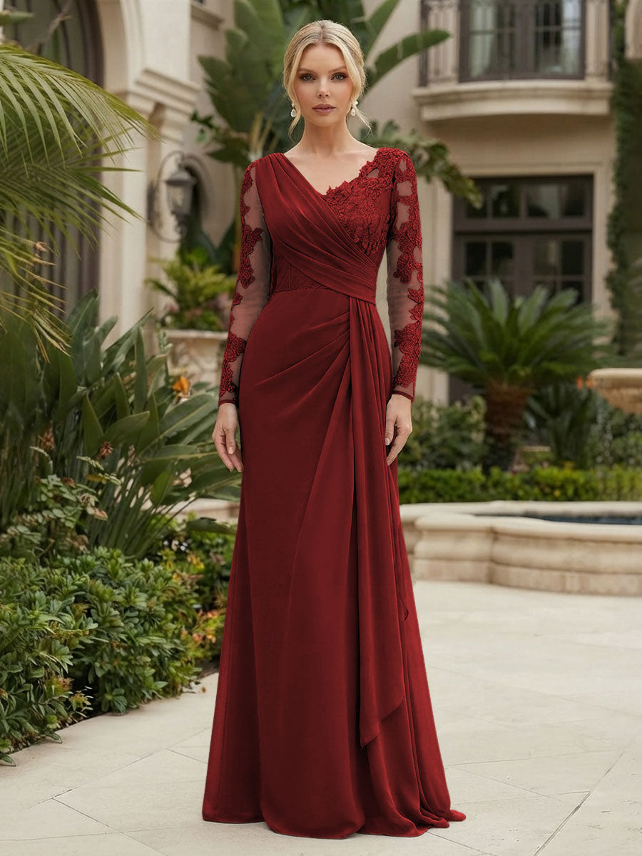 Chiffon Sheath/Column V-Neck Floor-Length Mother of the Bride & Groom Dresses with Lace Embroidery Bodice & Ruched Waist (SHI22501510)